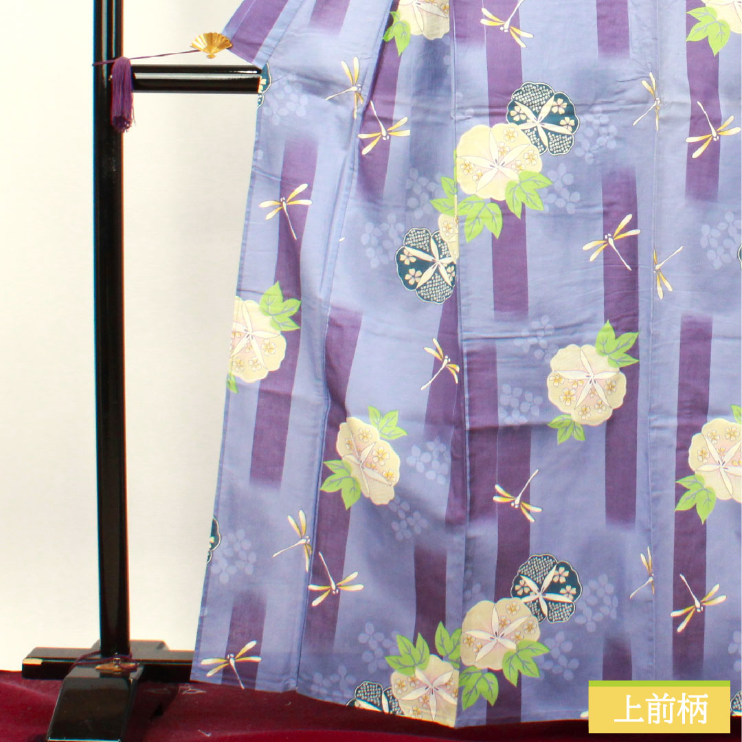 浴衣 木綿 身丈162.5cm 裄丈63.5cm Sランク 単衣 紫系 紅碧色（べにみどりいろ） とんぼ 朝顔 1118004762420