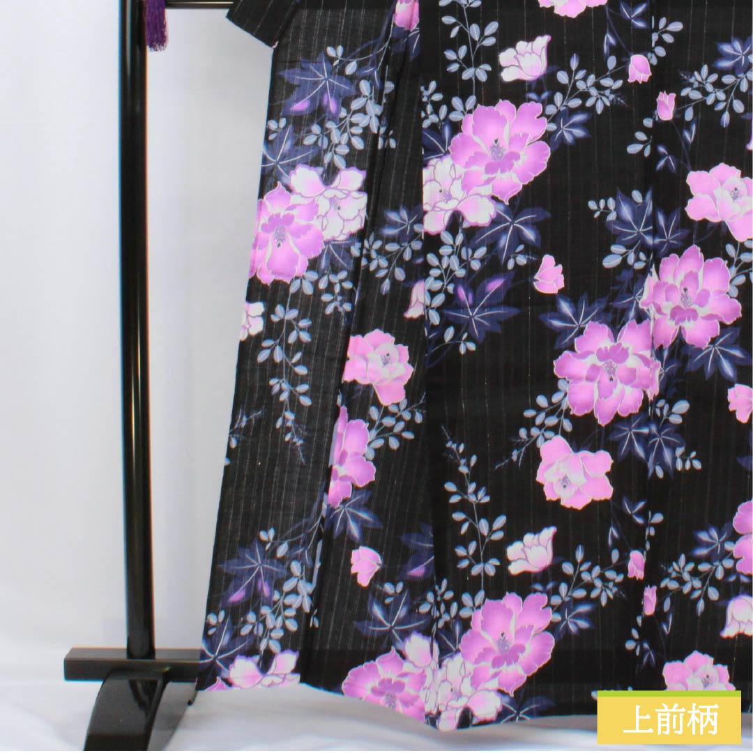 Cotton Yukata, Length 161.5cm, Sleeve Length 65cm, S Rank, Single Layer, Black, Vertical Silk, Floral Design with Silver Thread, Product Number: 1118006662410