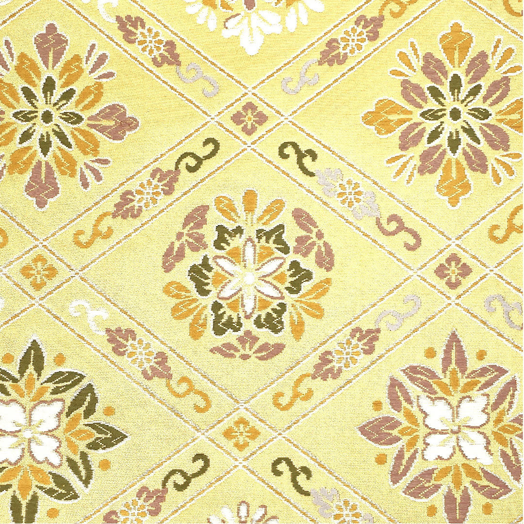 （未仕立）袋帯 花柄 菱 単衣 帯丈452cm 正絹 NEWランク 六通 セミフォーマル 黄系 1123002511423