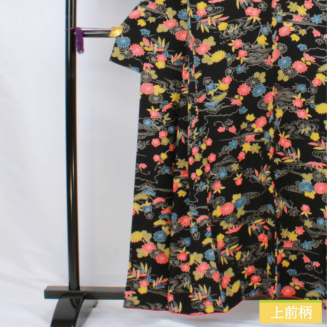 小紋 正絹 Sランク 身丈158.5cm 裄丈65.5cm 袷 型染 松竹梅 菊 黒系 1115006872310