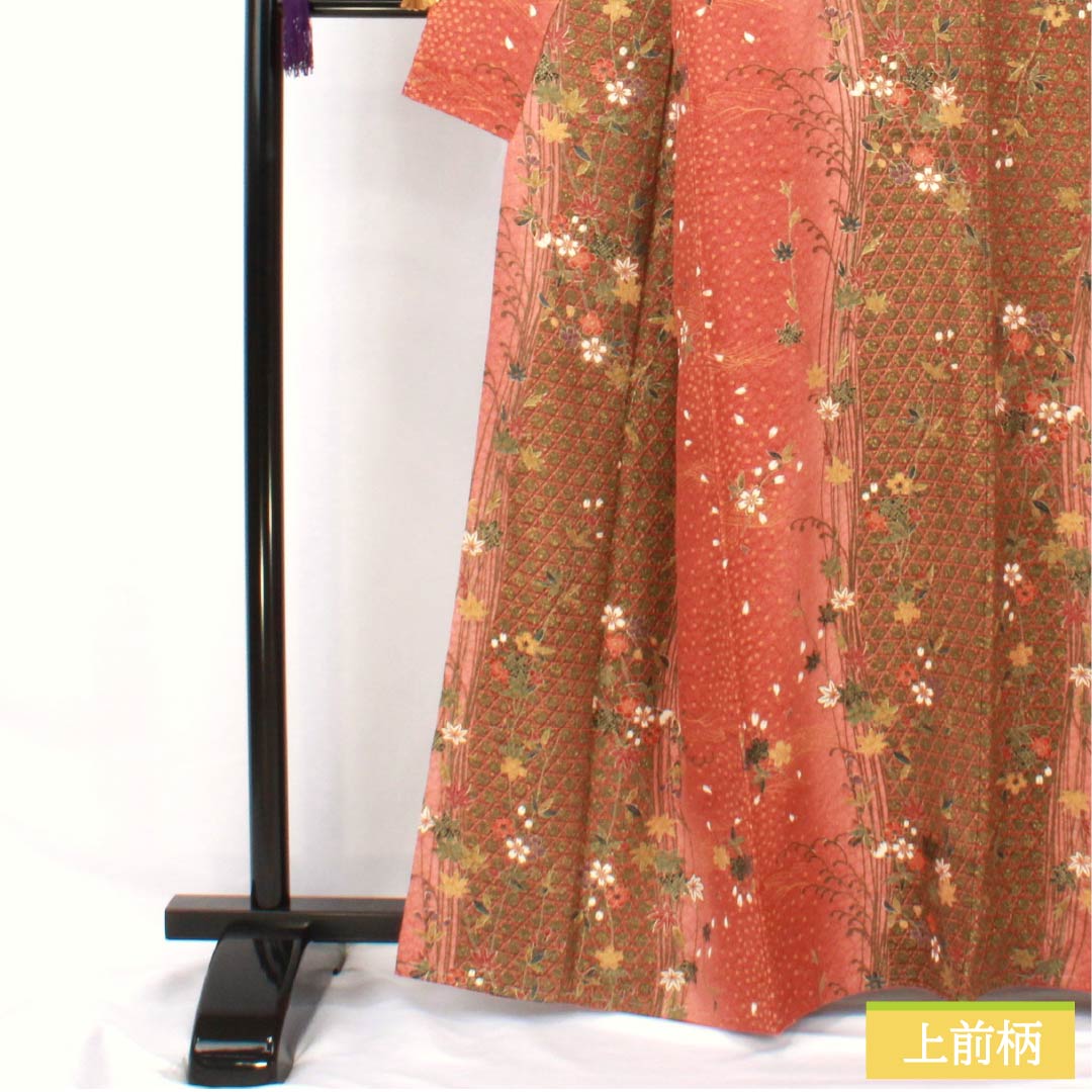 小紋 正絹 身丈163cm 裄丈64cm 袷 赤蘇芳色（あかすおういろ） 籠目 花 しつけ糸付き Sランク 朱系 1115005692416