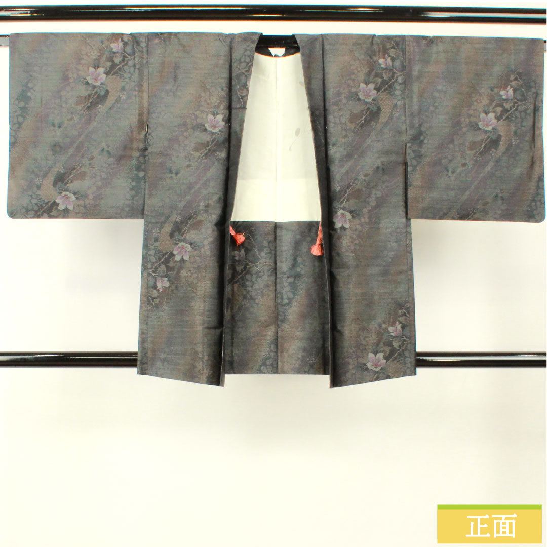 羽織 正絹 身丈80.5cm 裄丈63cm 大島紬 緯総絣 草花模様 Sランク 袷 グレー系 1117001172922