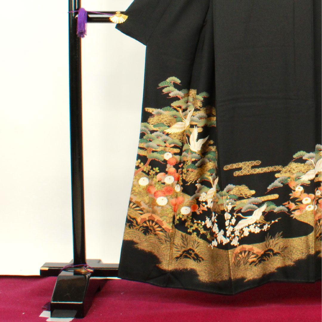 黒留袖 身丈159.5cm 裄丈65cm 袷 京友禅 鶴 片喰 正絹 Aランク 五つ紋 黒系 1111000713310