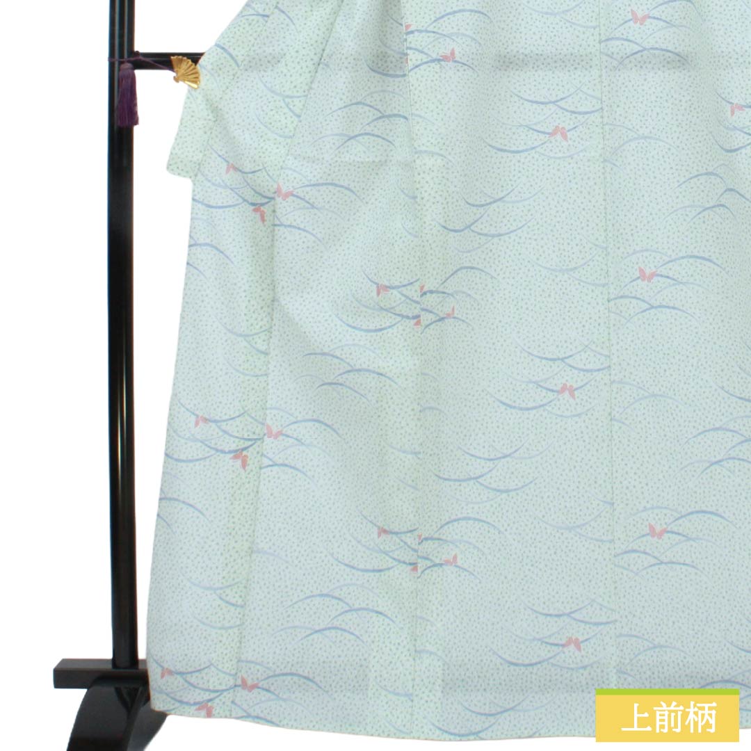 夏物 ポリエステル 紬 Aランク 身丈166.5cm 裄丈64cm 青白磁色（せいはくじいろ） 洗える着物 露芝 蝶 紗 水色系 1132007073524