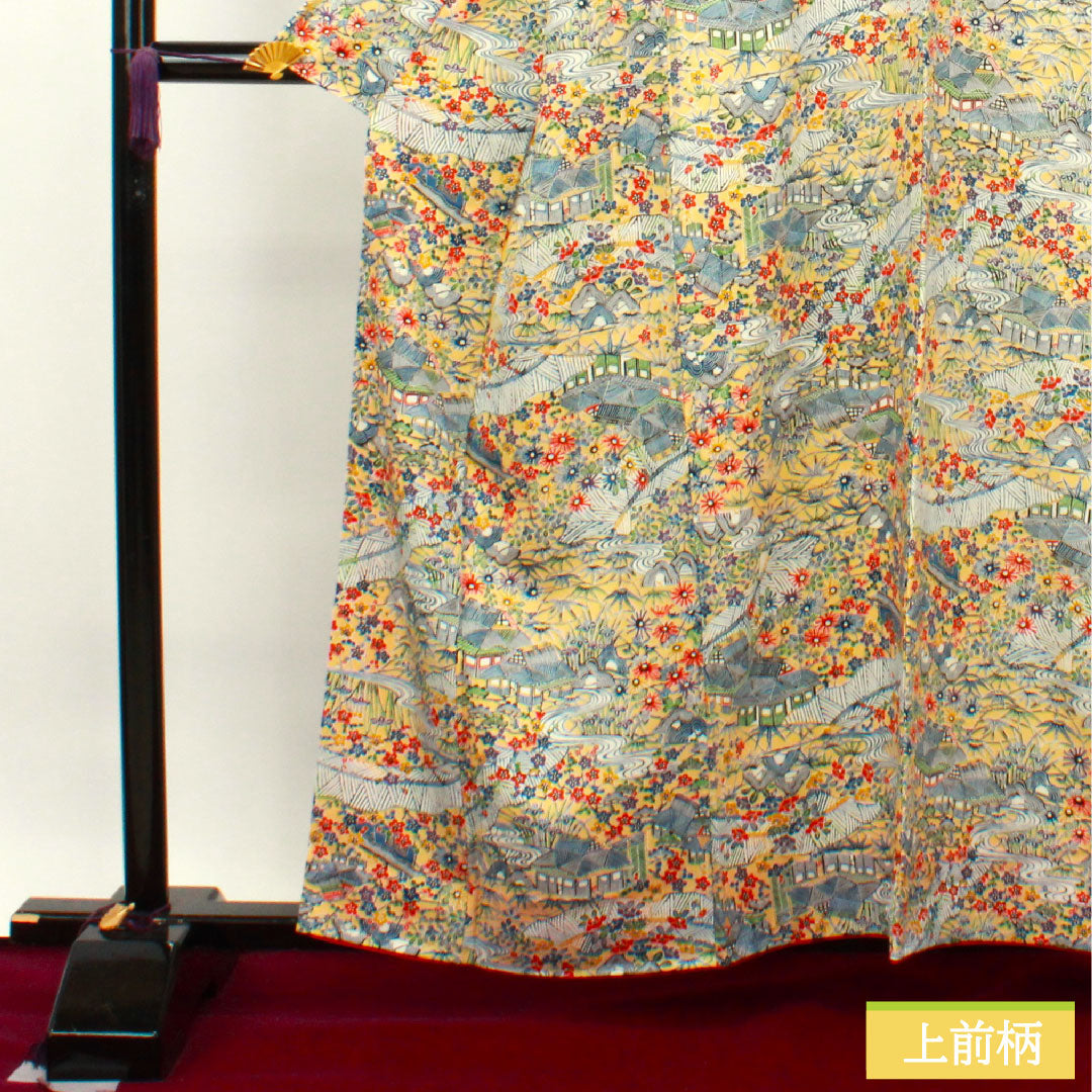 小紋 正絹 身丈158.5cm 裄丈62.5cm 袷  麹色 型染 茶屋辻 しつけ糸付き 未使用品  Sランク 黄系 1115003792323