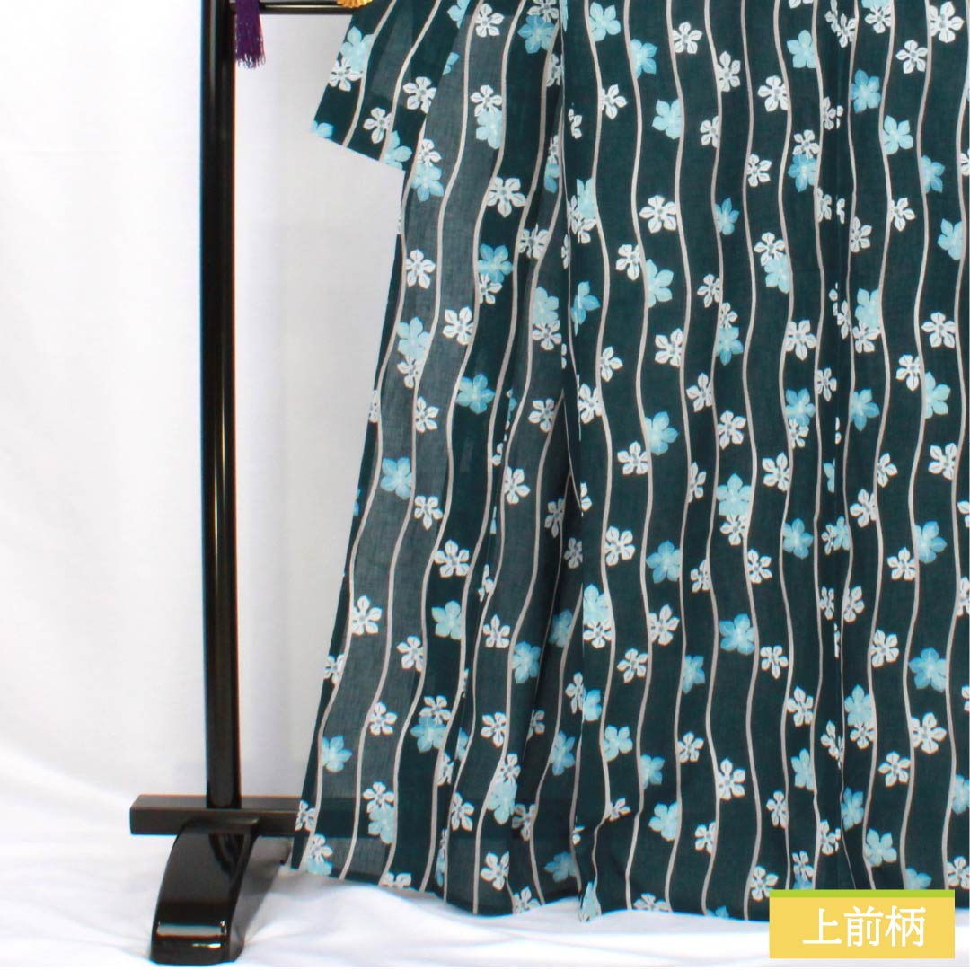 夏物 ポリエステル 小紋 身丈167cm 裄丈69cm 高麗納戸色（こうらいなんどいろ） よろけ縞 花 洗える着物 紗 Sランク 青系 1132002352517