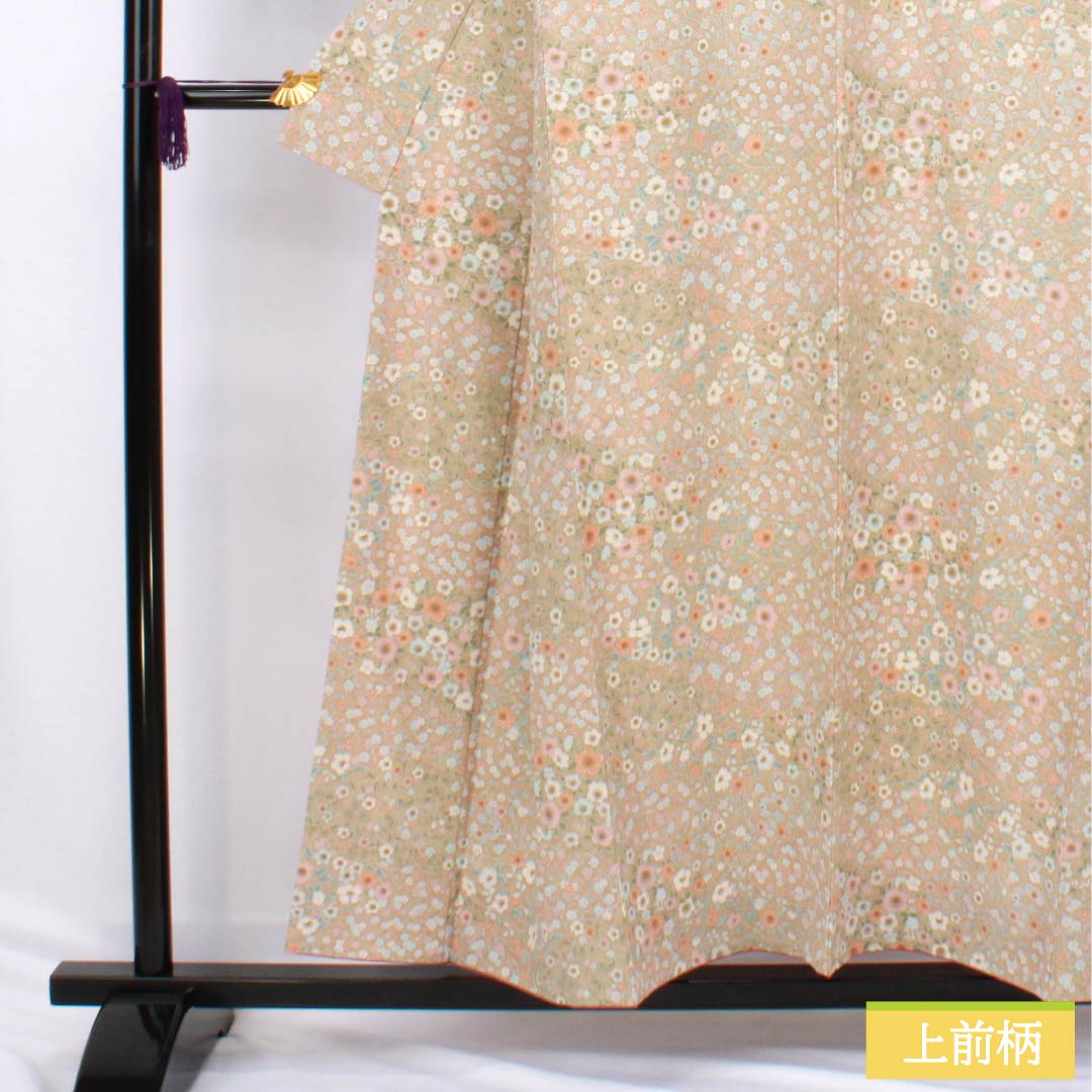 Komon (small pattern) polyester kimono, S rank, length 154cm, sleeve length 63cm, lined, Kouiro (scented color) stencil dyed floral pattern, washable, beige, 1115006532225