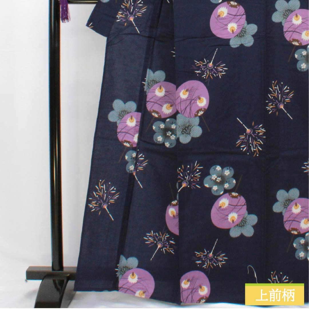 Cotton Yukata (Single Layer) Length: 165cm, Sleeve Length: 65.5cm, S Rank, Navy Blue, with Fan and Fireworks Design, Product Number: 1118006652518