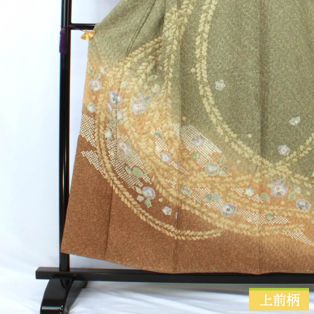Visiting Kimono, Pure Silk, S-Rank, Lined, Length 155cm, Sleeve Length 64.5cm, Rikyu Nama Kabeiro (Rikyu Nama Kabeiro) Pattern, Shibori, Tsujigahana Pattern, Artist's Work, Green, 1112006862319