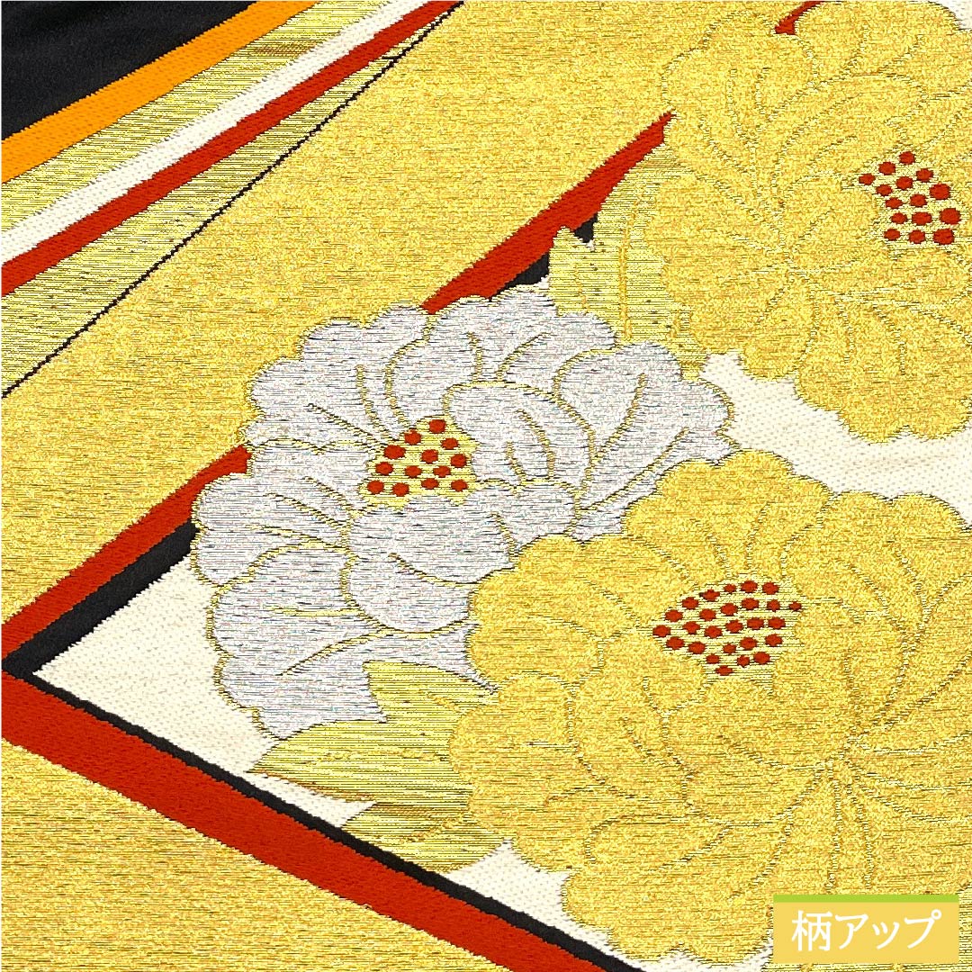 袋帯 黒色 牡丹 菊 菱 帯丈408cm 正絹 Sランク 六通 フォーマル 黒系 1123010212310