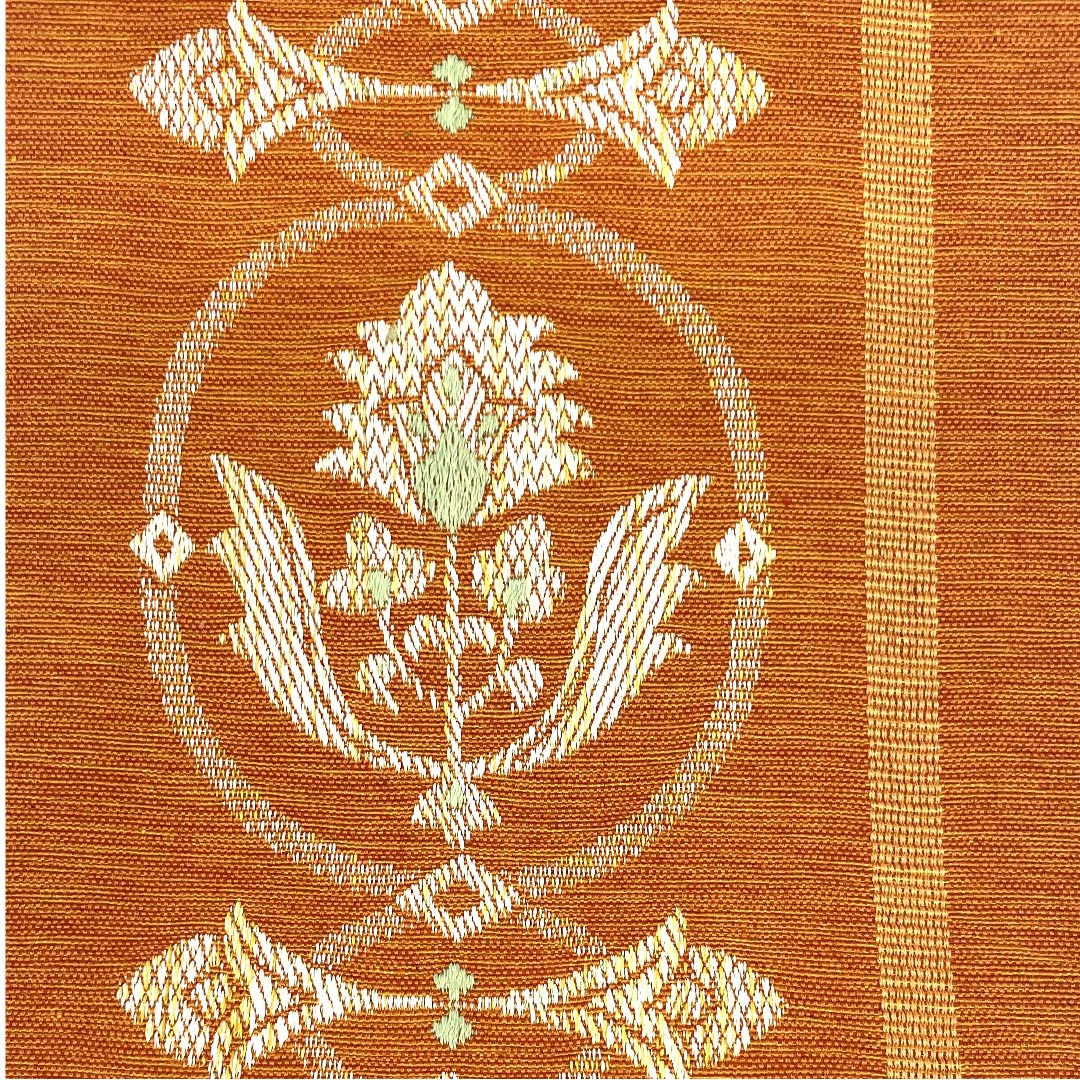 （未仕立）半幅帯 木綿 柿色（かきいろ） 更紗模様 抽象模様 植物模様 兵藤織物 帯丈352cm 橙系 Sランク 1125001232326