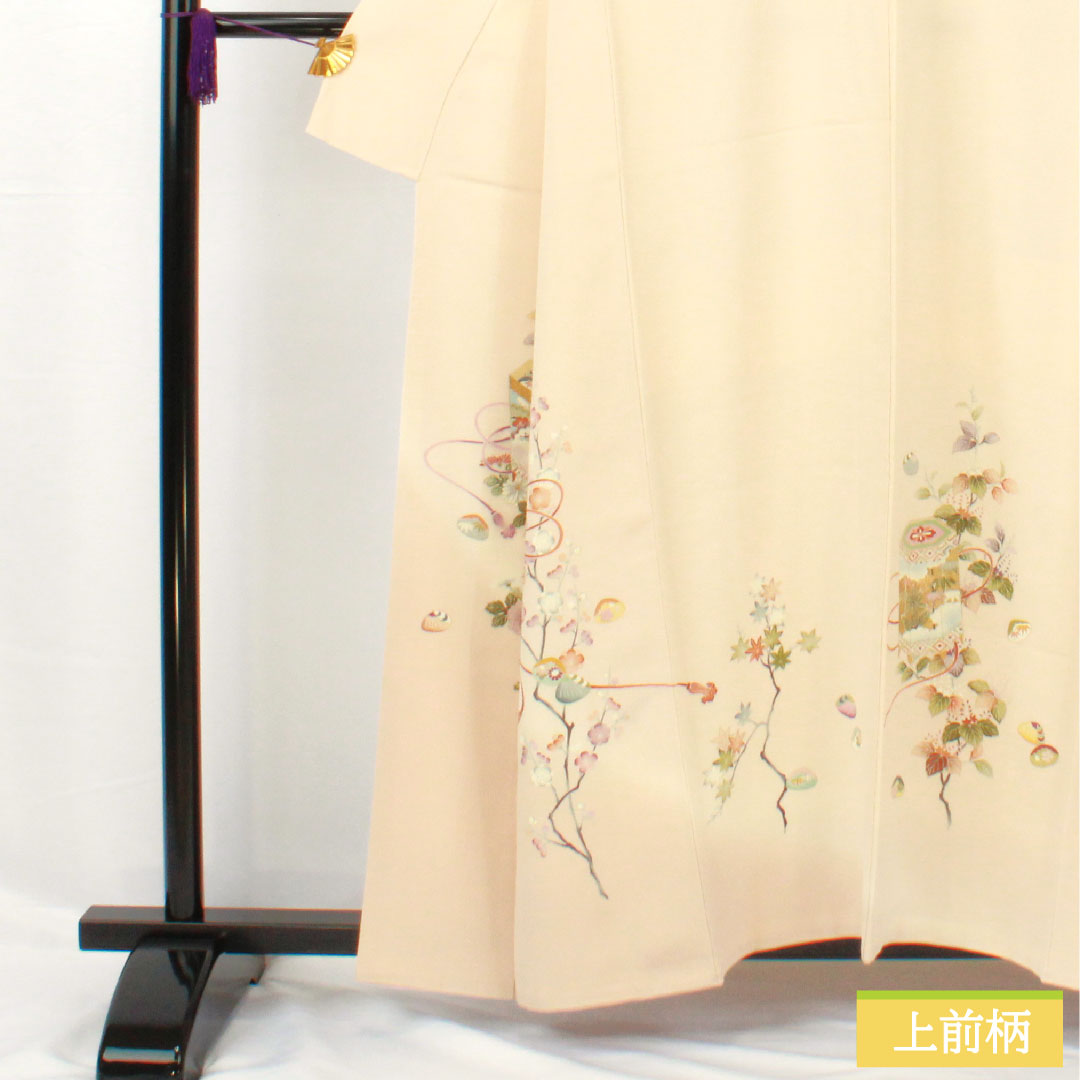 訪問着 正絹 袷 身丈158cm 裄丈64.5cm 砥粉色（とのこいろ） 京友禅 貝桶 吉祥文様 しあわせガード Aランク クリーム系 1112005803315