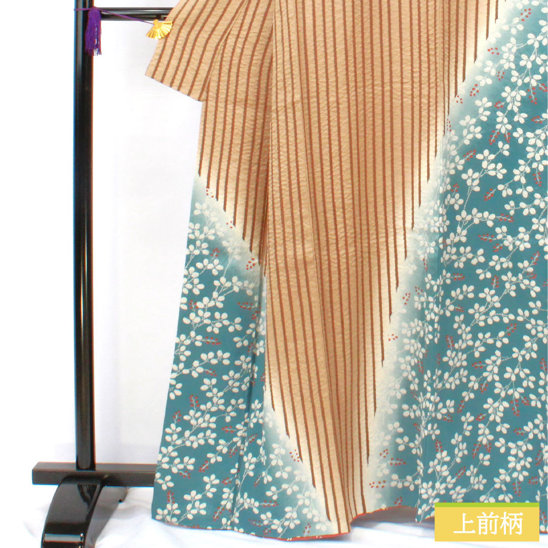 Homongi, pure silk, lined, length 165cm, sleeve length 63cm, earth color, stripes, bush clover, A rank, brown, 1112005743514
