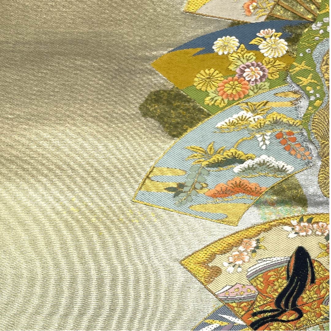 （未仕立）袋帯 紀州茶色（きしゅうちゃいろ） 紫式部 扇 一蔵 帯丈462cm 正絹 Aランク 六通 フォーマル グレー系 1123007943422