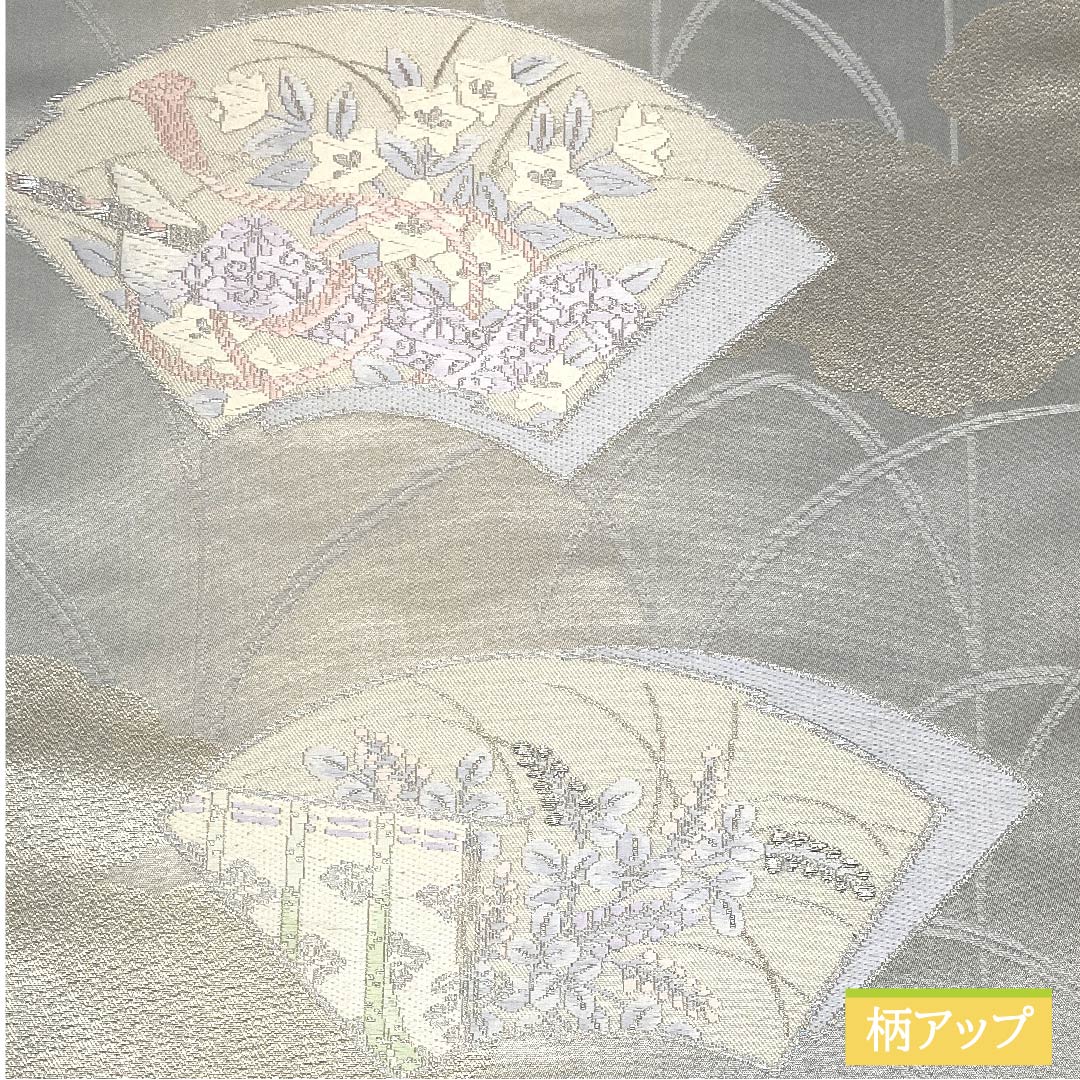 袋帯 正絹 薄鼠色（うすねずいろ） 扇面 桔梗 鼓 紅葉 帯丈428cm Aランク 六通 フォーマル グレー系 1123011823322