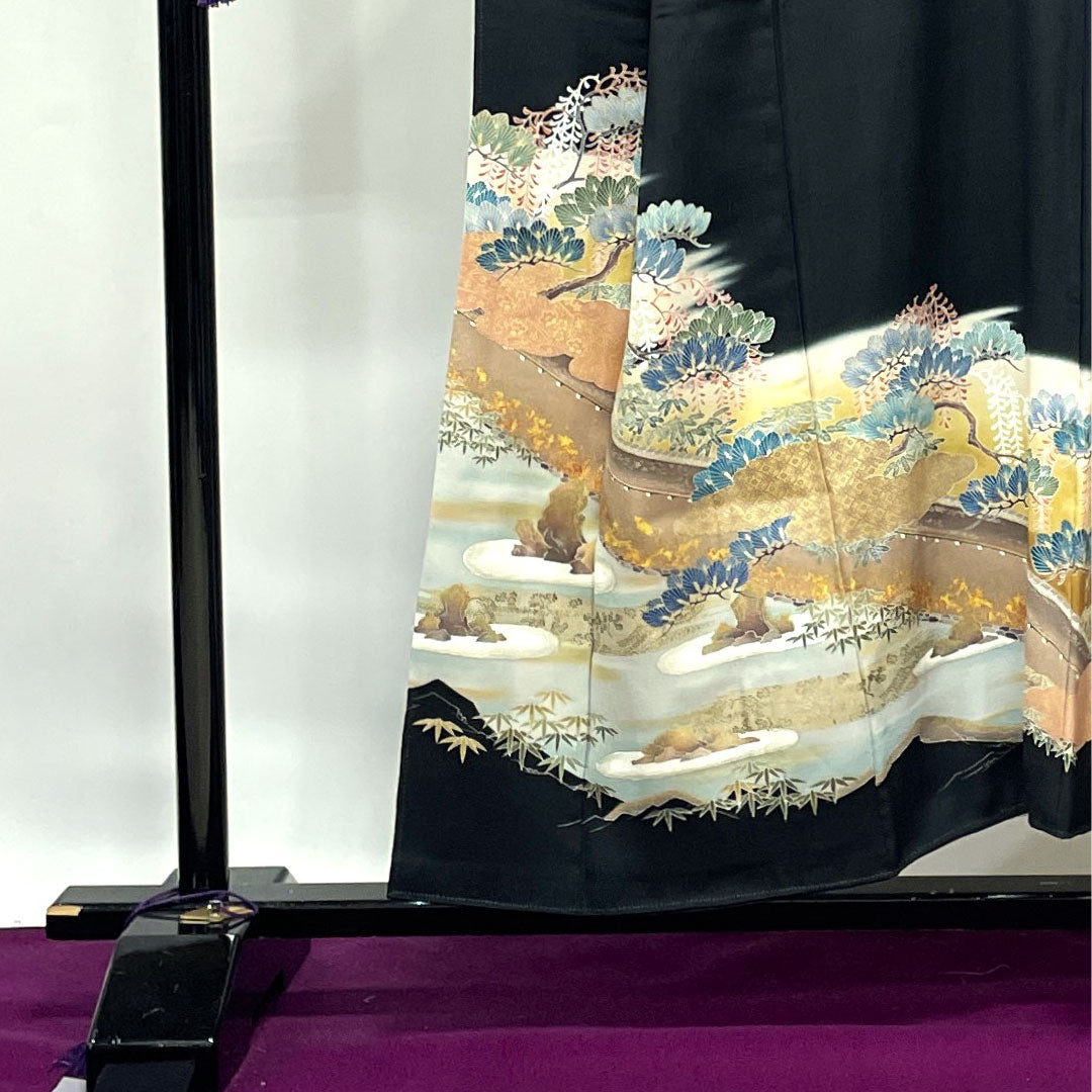 黒留袖 身丈152cm 裄丈63cm 袷 作家物 京友禅 石庭模様 桔梗 正絹 Aランク 五つ紋 黒系 1111000923210