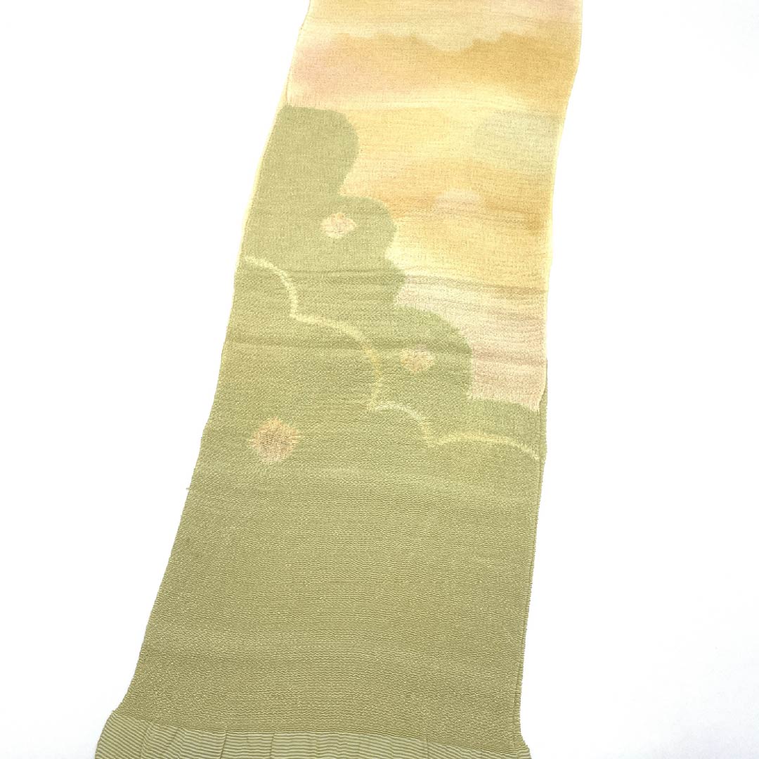 帯揚げ 正絹 Sランク カジュアル 枯草色（かれくさいろ） ちりめん 部分絞り 雲取り 長さ約168cm 幅約28cm 緑系 1136004722919