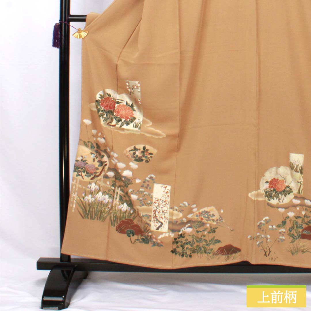 色留袖 正絹 Sランク 身丈157.5cm 裄丈63cm 袷 丁子色（ちょうじいろ） 一つ紋 丸に違い鷹の羽 草花 スコッチガード 一つ紋 茶系 1111002022314