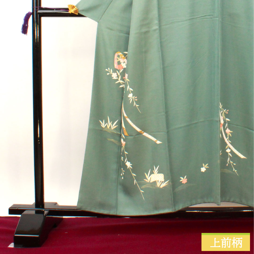 Homongi, pure silk, lined, length 156cm, sleeve length 65.5cm, rust celadon color, Kyo-Yuzen, auspicious pattern, A rank, green, 1112003673319