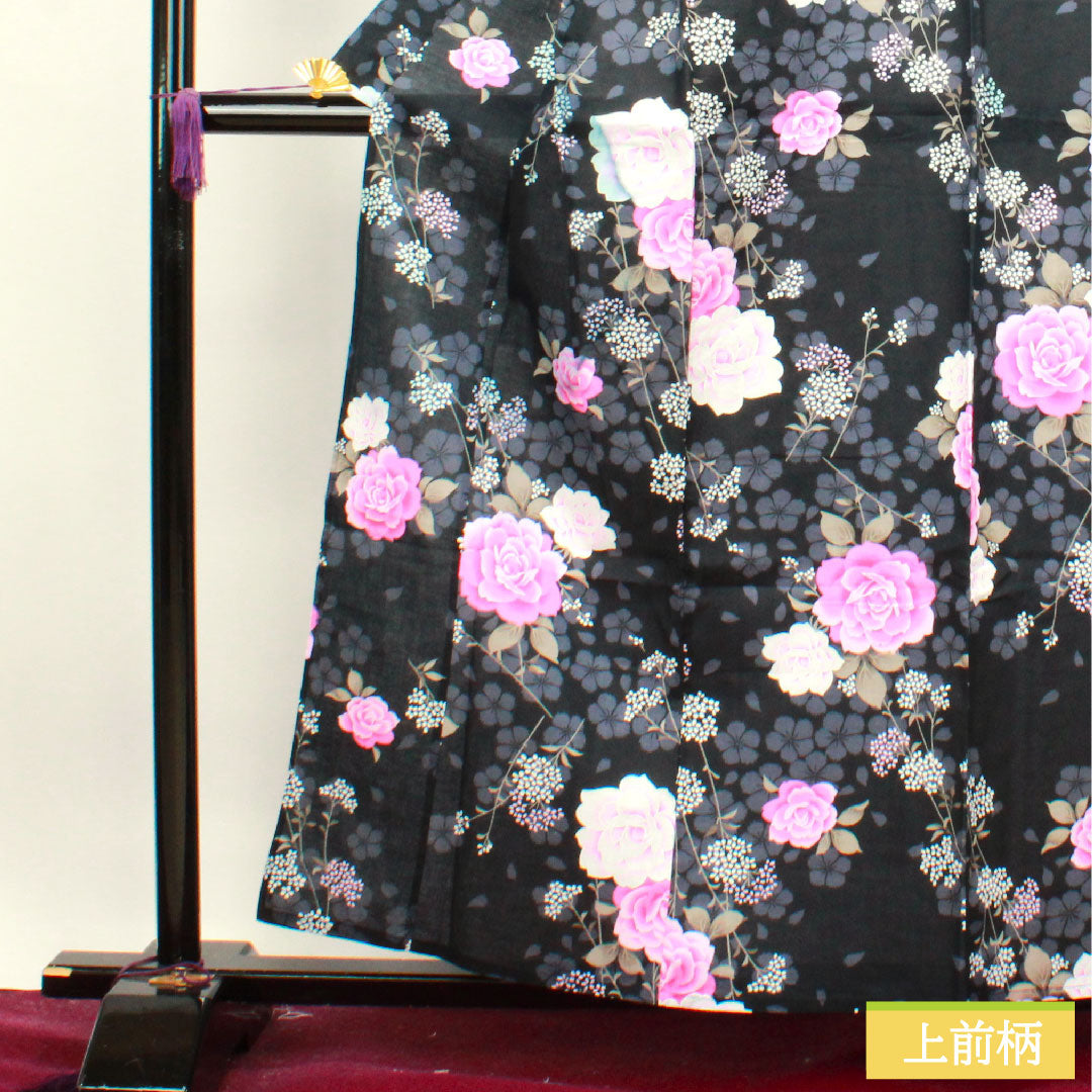 Yukata Cotton Length 159cm Sleeve length 64.5cm B rank Single layer Black Rose Gypsophila Cherry blossom 1118004554310