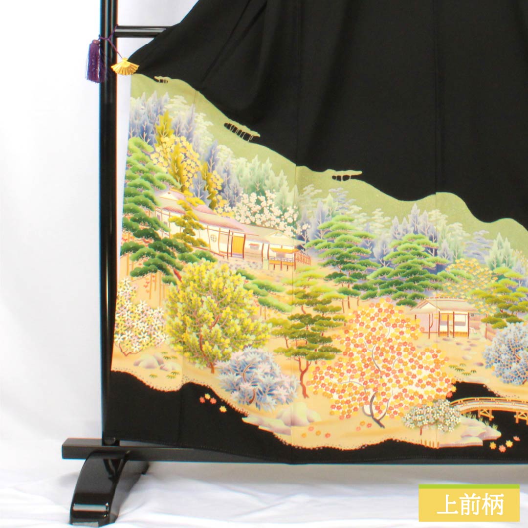 黒留袖 正絹 Aランク 身丈159cm 裄丈64.5cm 袷 京加賀友禅 五つ紋 抱き茗荷 作家物 風景模様 松 梅 五つ紋 黒系 1111001963310