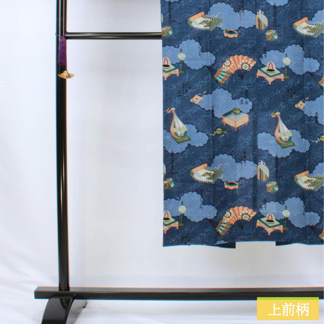 Men's wool nagajuban (long under-kimono), S-rank, length 135cm, sleeve length 65.5cm, navy blue with cloud pattern, folding fan, and biwa (Japanese lute) design. Blue-based design. Product code: 1140000672317
