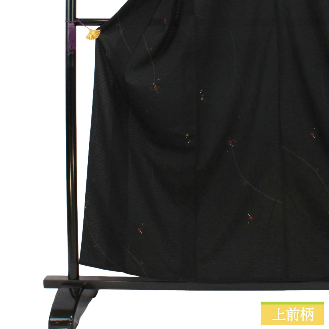 夏物 ポリエステル 小紋 Sランク 身丈159.5cm 裄丈66.5cm 抽象模様 洗える着物 絽 黒系 1132003352310