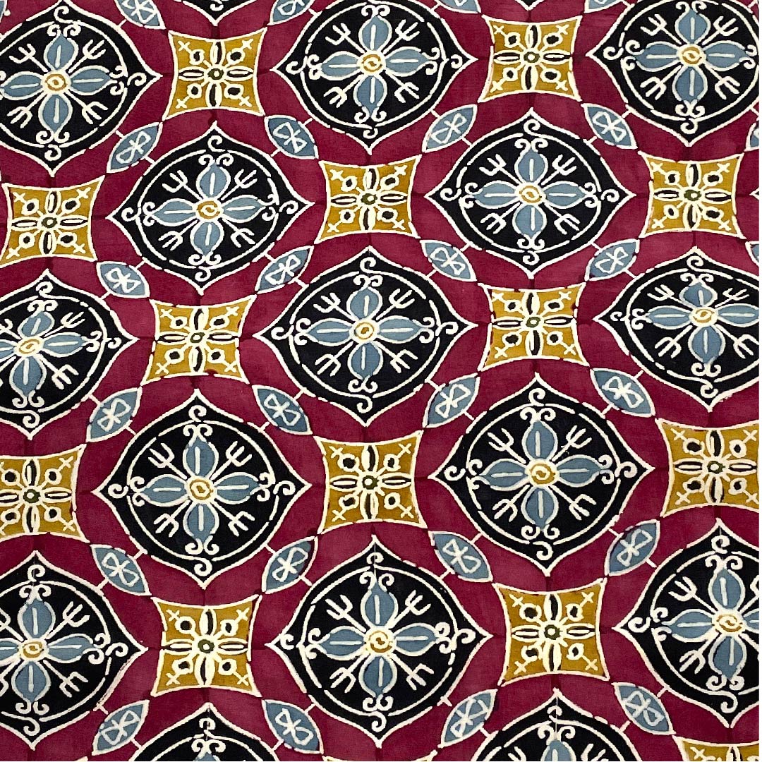 名古屋帯 臙脂色 幾何学模様 京紅型 帯丈342cm 正絹 Sランク 全通 カジュアル 紫系 1124003642320  名古屋仕立て