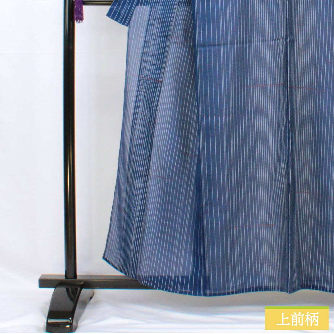 夏物 ポリエステル 小紋 身丈158cm 裄丈63.5cm 紺瑠璃色（こんるりいろ） 縞 線調子 洗える着物 絽 Aランク 青系 1132001963317