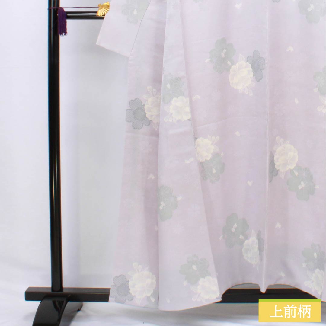 Komon (small pattern) kimono, pure silk, length 156cm, sleeve length 66cm, lined, hazy color (kasumi-iro), stencil-dyed, cherry blossom and camellia motifs, Kirara Guard, S rank, purple, 1115006192320