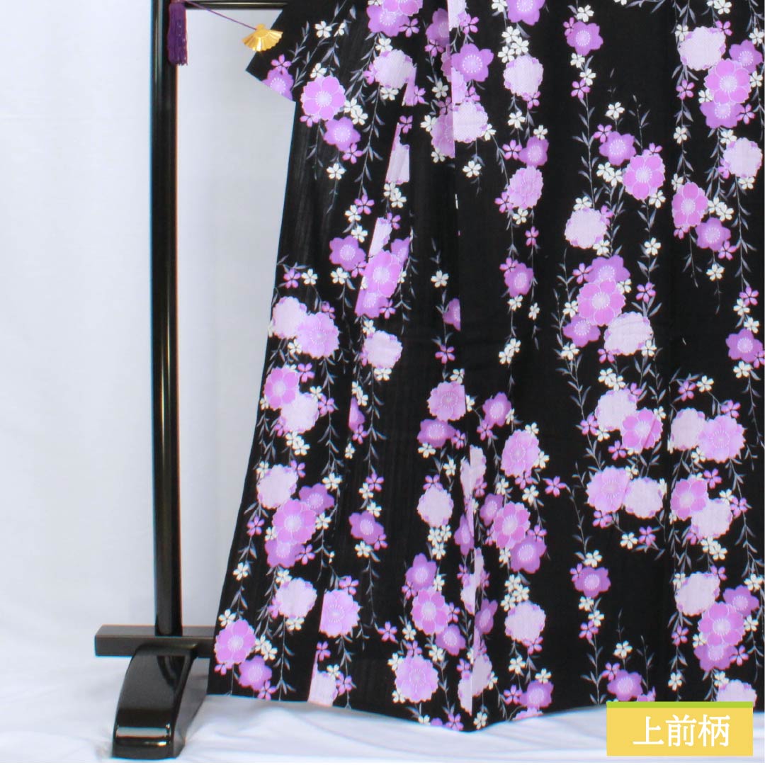 浴衣 綿麻 身丈165cm 裄丈69cm Aランク 単衣 黒系 しだれ桜 綿麻 1118006043510