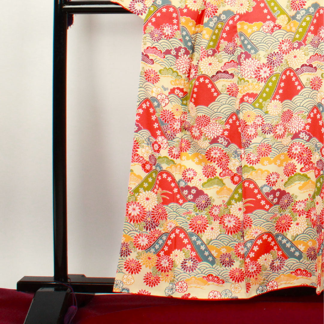 訪問着 袷 身丈157.5cm 裄丈61.5cm 練色 京紅型 菊 青海波 正絹 Aランク クリーム系 1112001673315