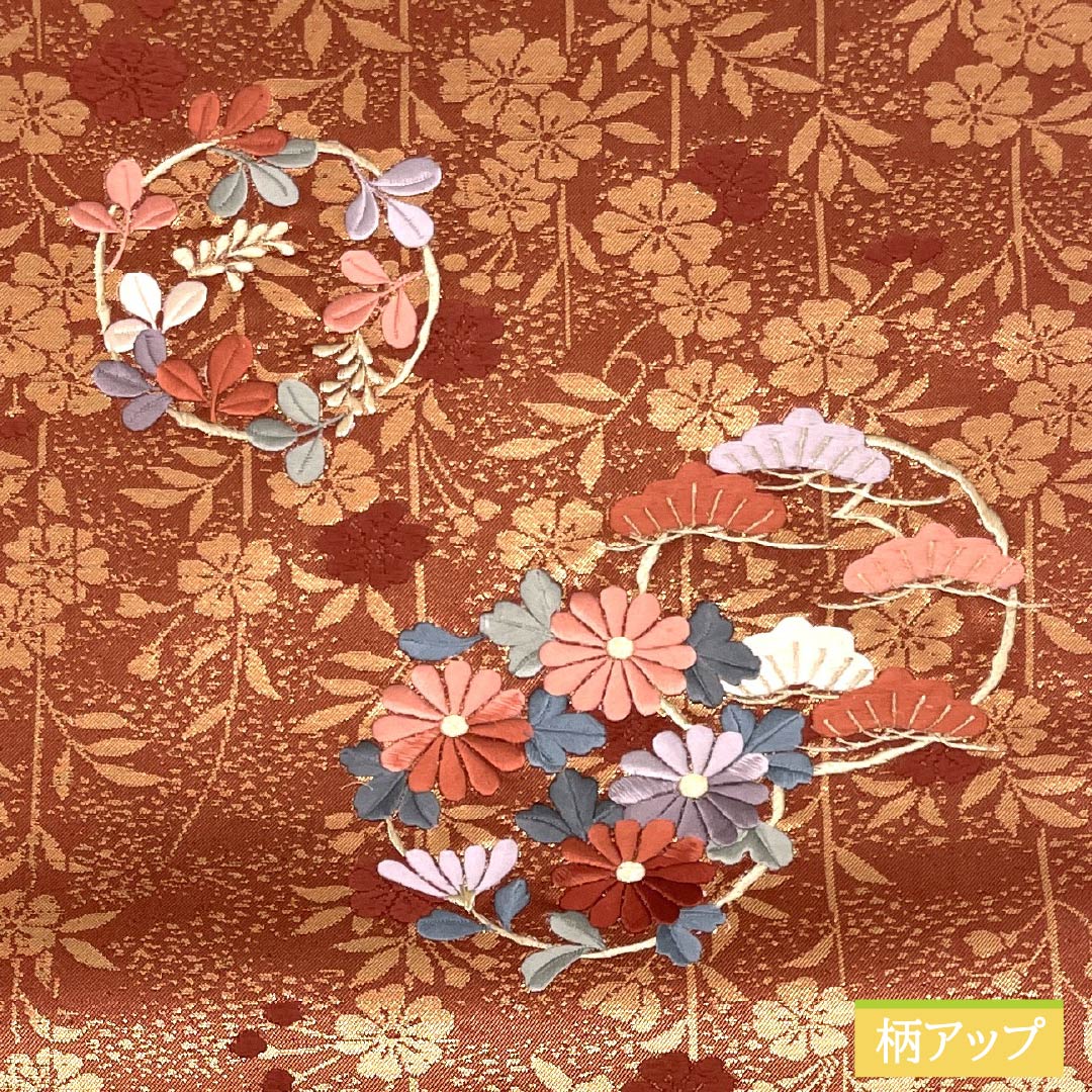 名古屋帯 吾木香色（われもこういろ） 松 刺繍 花模様 帯丈358cm 正絹 Sランク ポイント柄 セミフォーマル 朱系 1124008392316 名古屋仕立て