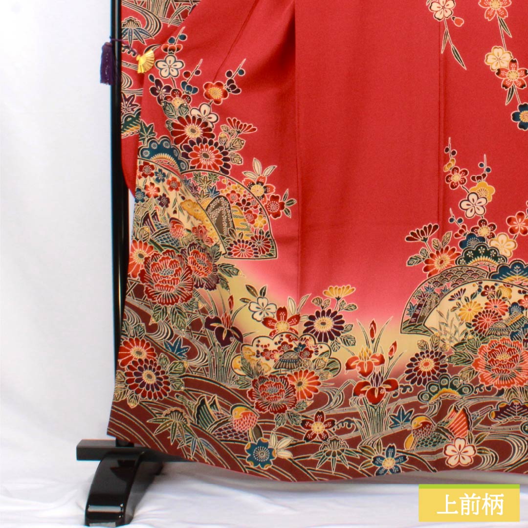 Silk Furisode, S-rank, Length 162.5cm, Sleeve-to-sleeve 68cm, Lined, Momiiro (crimson), Kyo-Bingata, Auspicious patterns, Floral, Fan motif, Flowing water, Red family, 1113002672412