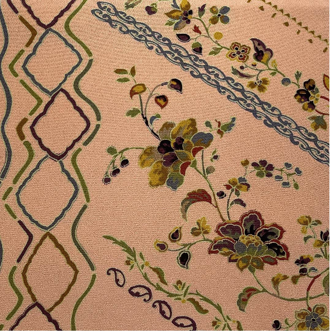 名古屋帯 薄赤色 型染 更紗 抽象模様 帯丈374cm 正絹 Sランク 全通 カジュアル ピンク系 1124003982313  名古屋仕立て