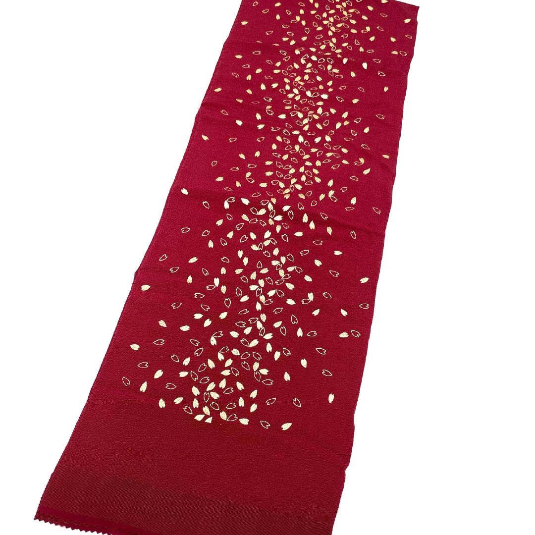 Obiage silk S-rank casual deep red cherry blossoms petals chirimen length approx. 166cm width approx. 27cm red 1136004482912