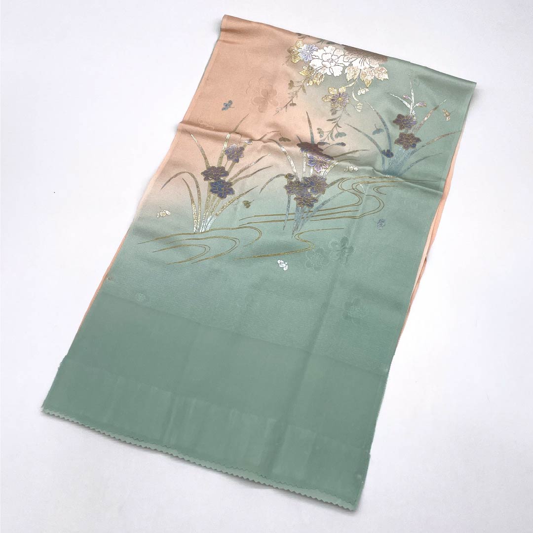 帯締め・帯揚げセット 正絹 Aランク 東雲色（しののめいろ） 薄浅葱色（うすあさぎいろ） 金彩加工 草花模様 長さ約160cm 幅約1cm フォーマル ピンク系 1141000163313