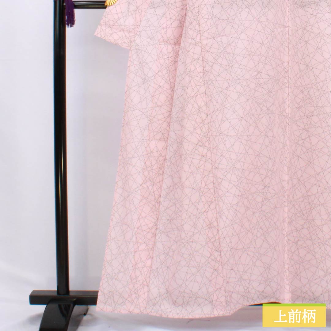 夏物 ポリエステル 小紋 身丈159.5cm 裄丈64cm 曙色（あけぼのいろ） 点 線 洗える着物 絽 Bランク ピンク系 1132002464313