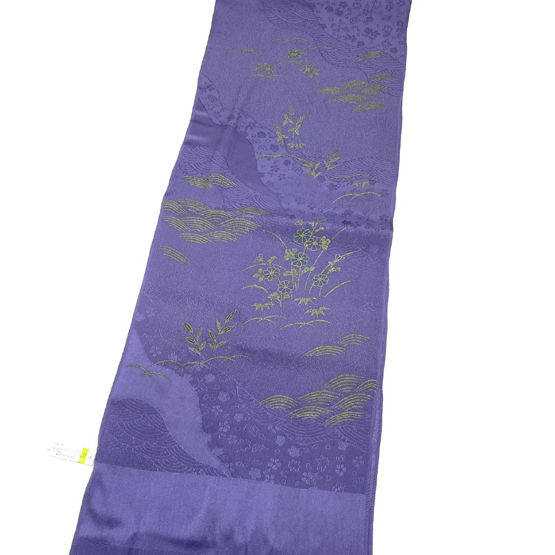 帯揚げ 正絹 Sランク セミフォーマル 竜胆色（りんどういろ） 道長取り 草花 波 長さ約173cm 幅約29cm 紫系 1136004322920
