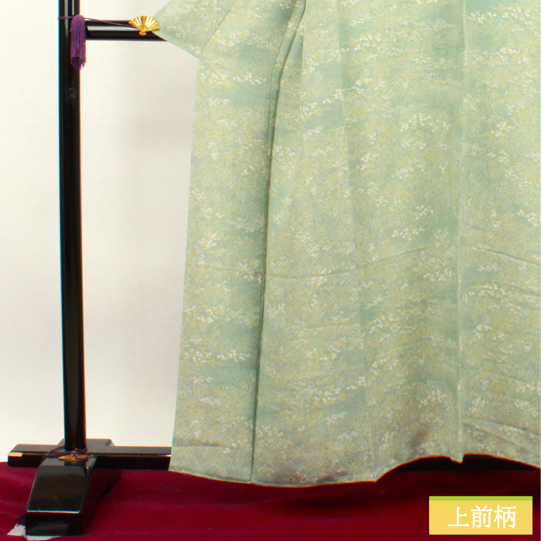 小紋 正絹 身丈158cm 裄丈61.5cm 袷  裏葉色 草花模様 しつけ糸付き 未使用品  Sランク 緑系 1115003612319