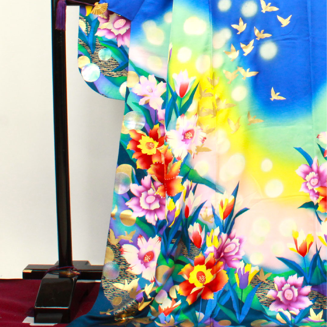 振袖 身丈176.5cm 裄丈64cm 袷  瑠璃色 花鳥模様  正絹 Bランク 紺系 1113001484818