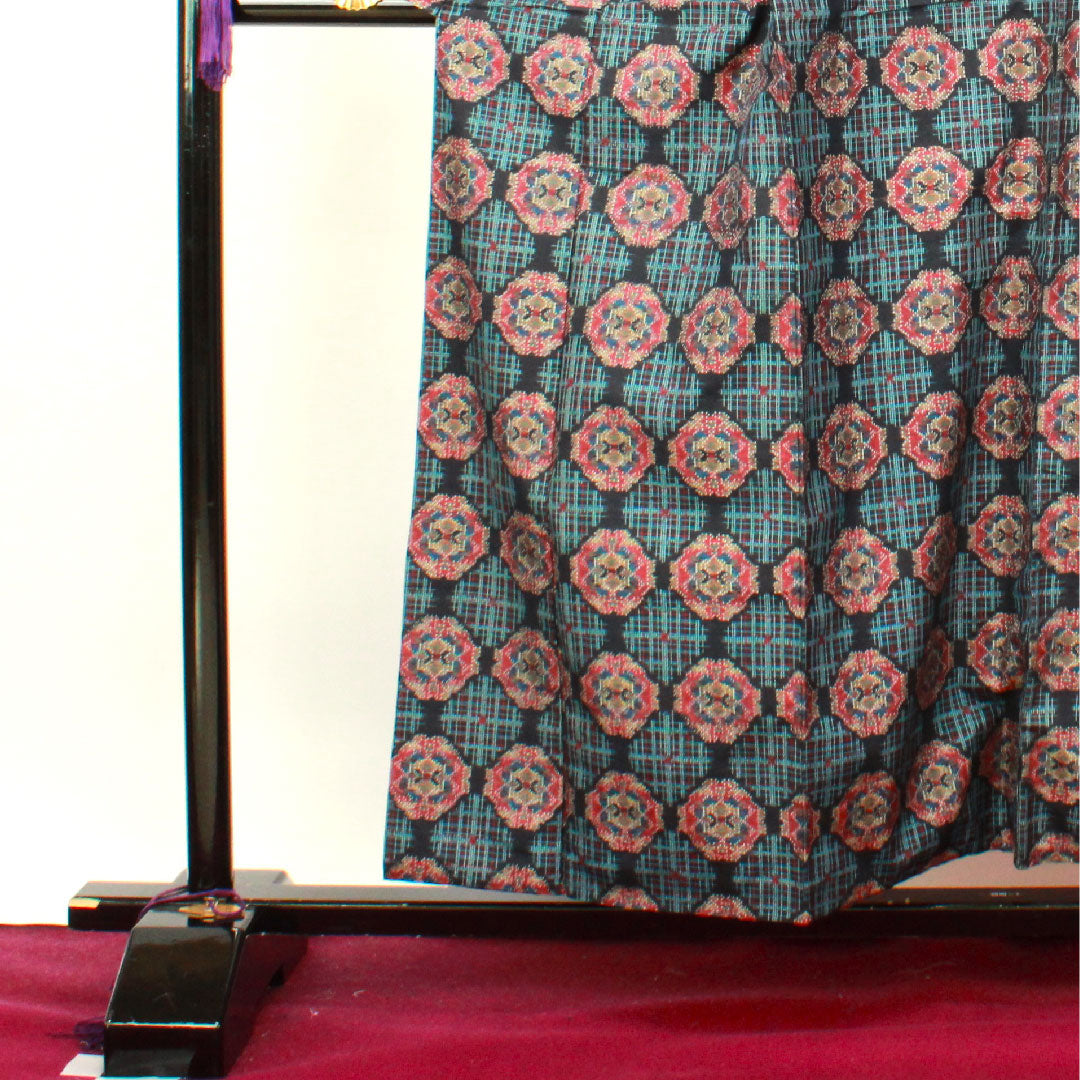 紬 身丈157cm 裄丈62cm 幾何学模様 正絹 Aランク 袷 紺系 1116002403318