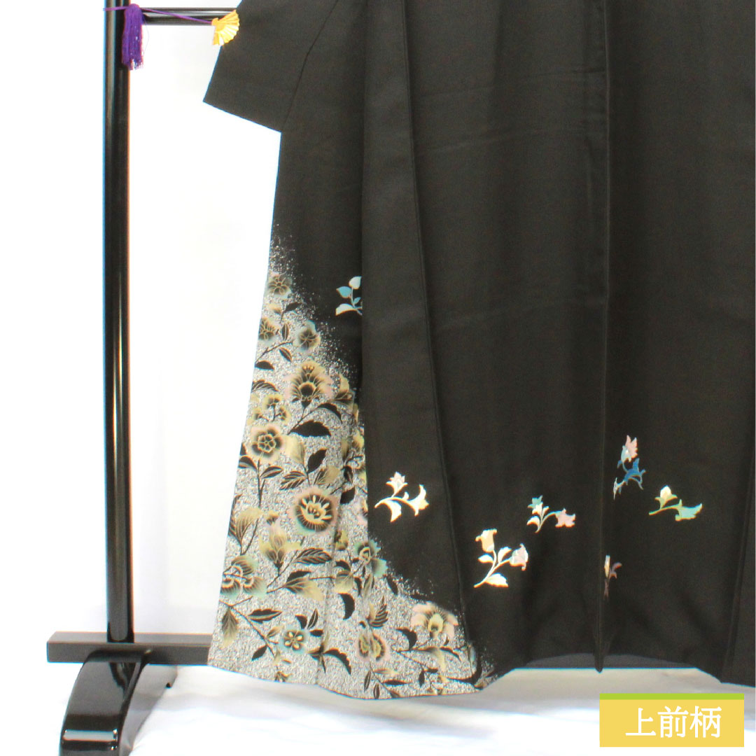訪問着 正絹 袷 身丈158cm 裄丈62.5cm 京友禅 草花模様 Aランク 黒系 1112005613310