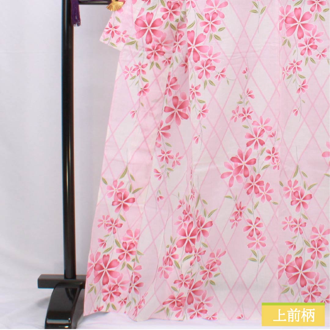 浴衣 木綿 身丈168.5cm 裄丈66cm Sランク 単衣 ピンク系 退紅色（あらそめいろ） 籠目 花 1118006322513