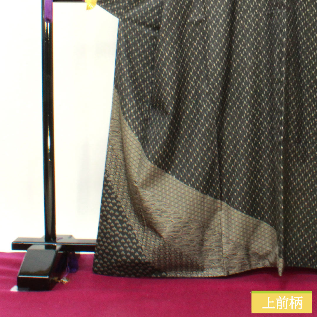 Homongi, pure silk, lined, length 167.5cm, sleeve length 69.5cm, pongee fabric, dyed Oshima, geometric pattern, Kirara Guard, S rank, black, 1112003582510