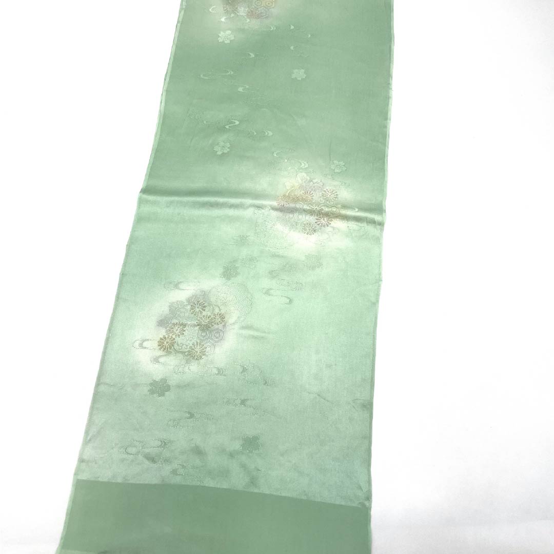 帯揚げ 正絹 Aランク セミフォーマル 薄緑色（うすみどりいろ） 桜 流水 亀甲 長さ約180cm 幅約30.5cm 緑系 1136002443919