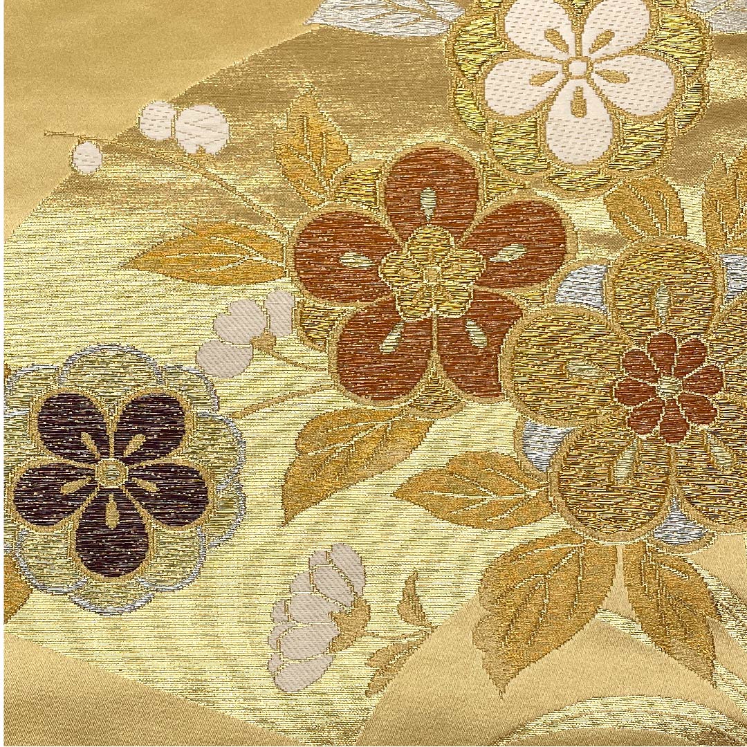 袋帯 金色 梅 紅葉 扇面 帯丈432cm 正絹 Aランク 六通 フォーマル 金系 1123005573321