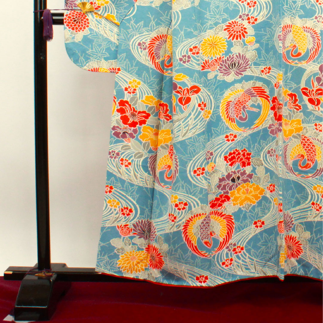 振袖 身丈156.5cm 裄丈64cm 袷  天青色 京紅型 吉祥文様  正絹 Aランク 青系 1113001653317