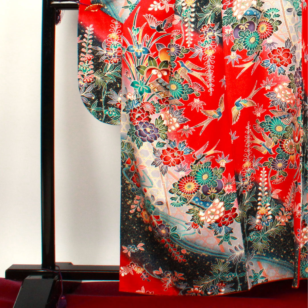 振袖 身丈163cm 裄丈64cm 袷  茜色 型染 吉祥文様  正絹 Sランク 赤系 1113000862412