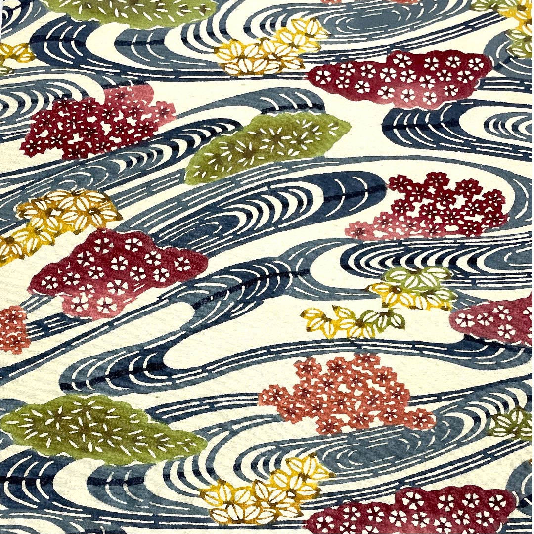 名古屋帯 生成り色 京紅型 観世流水 花模様 帯丈338cm 正絹 Bランク 六通 カジュアル 白系 1124003734311  名古屋仕立て